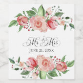 白ワインのミスター&ミセスとピンクのバラ ワインラベル (シングルラベル)