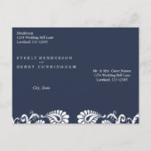 白ヴィンテージダマスクが深い豊かなペリウィンクルに表示 案内ポストカード (裏面)