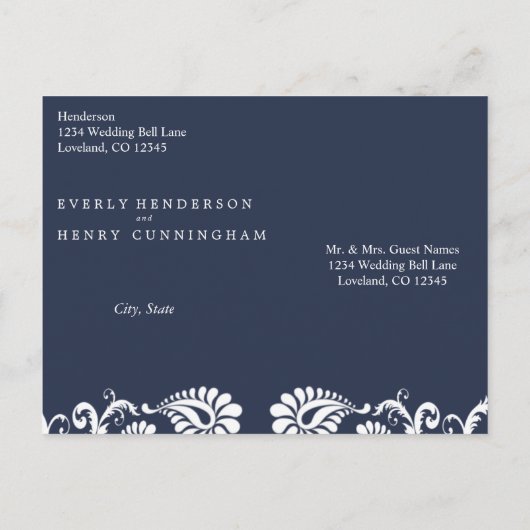 白ヴィンテージダマスクが深い豊かなペリウィンクルに表示 案内ポストカード (裏面)