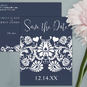 白ヴィンテージダマスクが深い豊かなペリウィンクルに表示 案内ポストカード