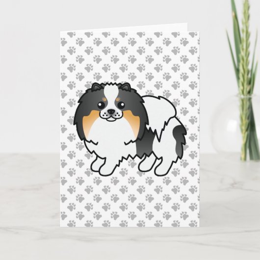 白三毛ポメラニアン かわいいキャラクター犬と足 カード (正面)