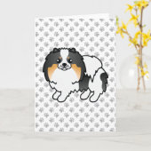 白三毛ポメラニアン かわいいキャラクター犬と足 カード (黄色い花)