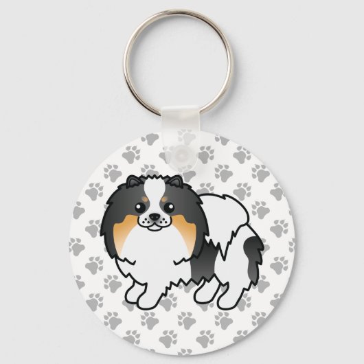 白三毛ポメラニアン かわいいキャラクター犬と足 キーホルダー (正面)