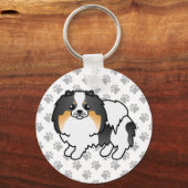 白三毛ポメラニアン かわいいキャラクター犬と足 キーホルダー (正面)