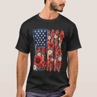 白上 - メモリアルデイ 赤いポピー 花 アメリカ国旗 Tシャツ