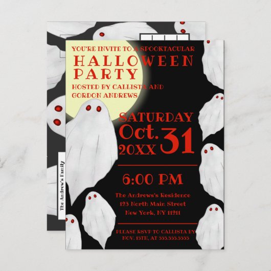 白不気味幽霊水彩ハローウィンパーティ インビテーションポストカード (正面/裏面)