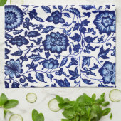 白中国のに濃いネイビーの青い花の模様 キッチンタオル (折り畳み)