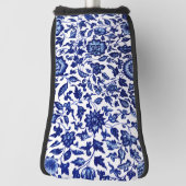 白中国のに濃いネイビーの青い花の模様 ゴルフヘッドカバー (回転90)