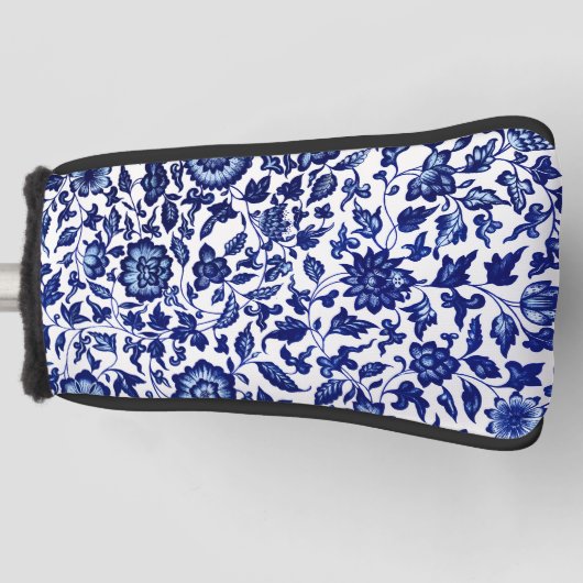 白中国のに濃いネイビーの青い花の模様 ゴルフヘッドカバー (正面)