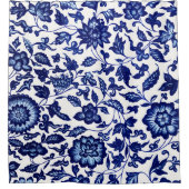 白中国のに濃いネイビーの青い花の模様 シャワーカーテン (正面)