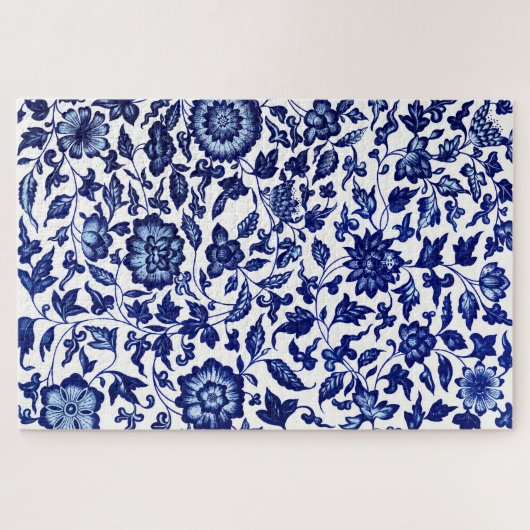 白中国のに濃いネイビーの青い花の模様 ジグソーパズル (横)