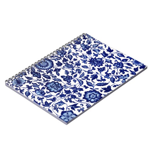 白中国のに濃いネイビーの青い花の模様 ノートブック (左側)