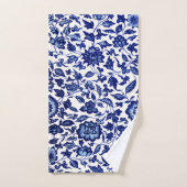 白中国のに濃いネイビーの青い花の模様 バスタオルセット (ハンドタオル)