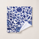 白中国のに濃いネイビーの青い花の模様 バスタオルセット (ウォッシュタオル)