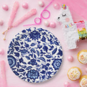 白中国のに濃いネイビーの青い花の模様 ペーパープレート (パーティー)