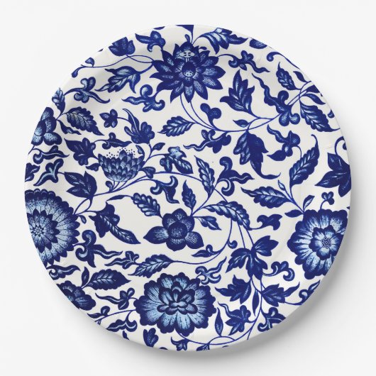 白中国のに濃いネイビーの青い花の模様 ペーパープレート (正面)