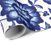 白中国のに濃いネイビーの青い花の模様 ラッピングペーパー (ロールコーナー)