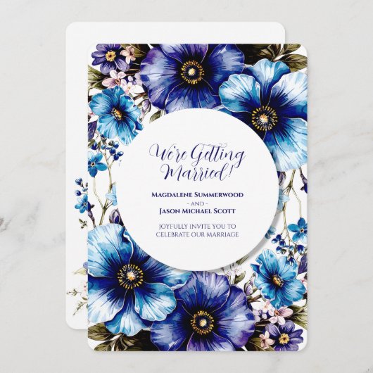 白丸フレームブルーパープルフローラ背景 招待状 (正面/裏面)