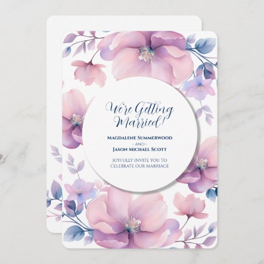 白丸フレームブルーパープルフローラ背景 招待状 (正面/裏面)