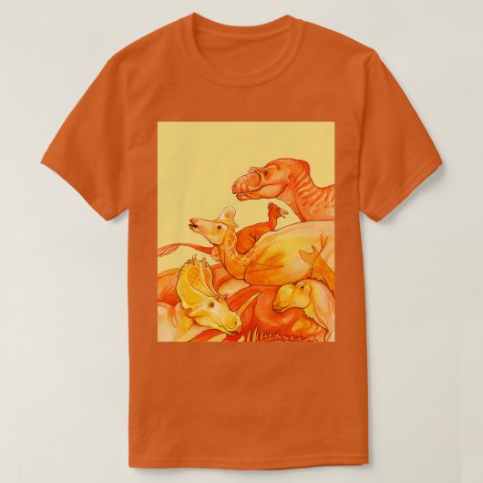 白亜紀の集合オレンジ色のamp黄色の恐竜 tシャツ (デザイン正面)