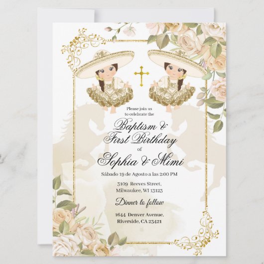 白人と金ゴールドのメキシコの双子の少女洗礼 招待状 (正面)