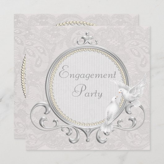 白人の鳩及びペイズリーのレースの婚約パーティ 招待状 (正面/裏面)