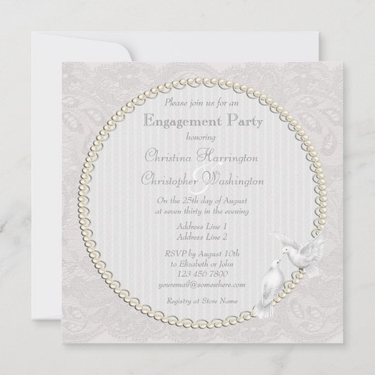 白人の鳩及びペイズリーのレースの婚約パーティ 招待状 (裏面)
