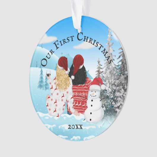 白人レズビアンカップル雪だるまDIY写真 オーナメント (正面)