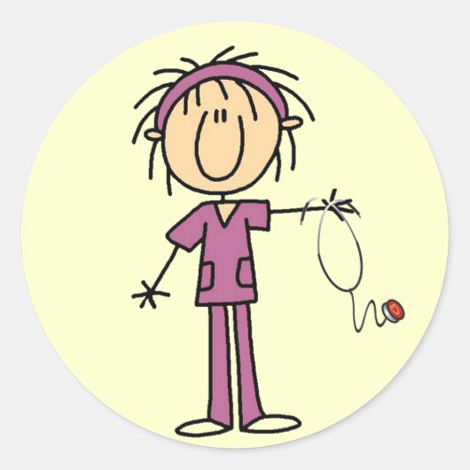 白人女性スティックフィギュアナースTシャツ&ギフト ラウンドシール (正面)