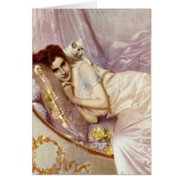 白人猫の女性の女性白い紫色の絹のベッド