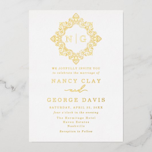 白伝統的と金ゴールドクレストモノグラム結婚ズ 箔招待状 (正面)