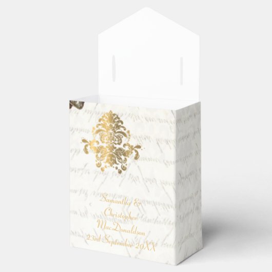白伝統的パーチメントと金ゴールドダマスク結婚式 フェイバーボックス (オープン)