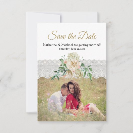 白伝統的金ゴールドバラフローラレース結婚ズ セーブザデート (正面)