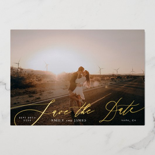 白写真エレガントQRコード金ゴールド日付の保存 箔招待状 (正面)