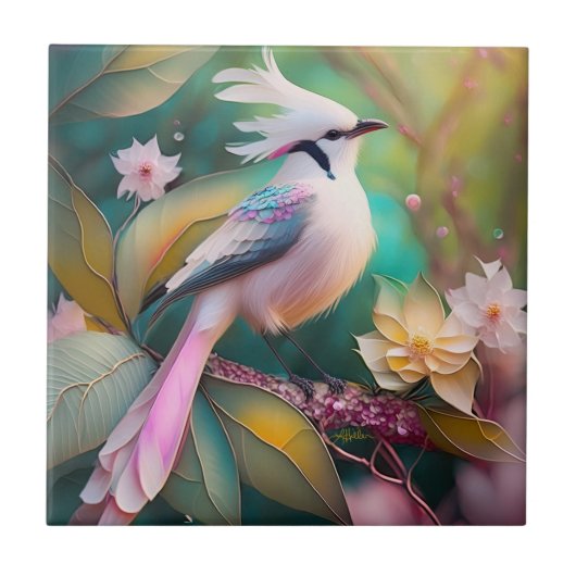 白冠のほほえみ尾のカヤクバト幻想の鳥 タイル (正面)