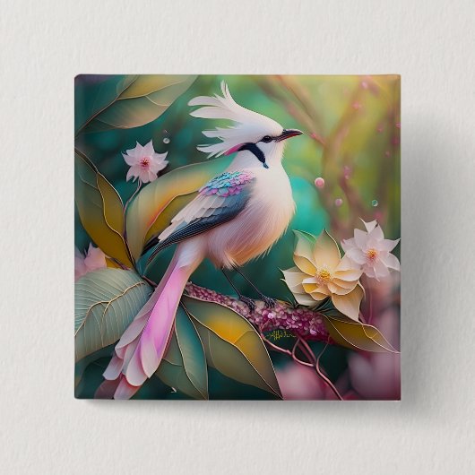 白冠のほほえみ尾のカヤクバト幻想の鳥 缶バッジ (正面)