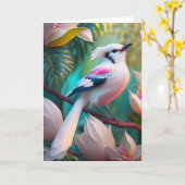 白冠胸元ピンクの幻想の鳥 カード (黄色い花)