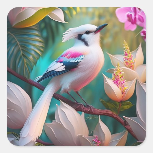 白冠胸元ピンクの幻想の鳥 スクエアシール (正面)
