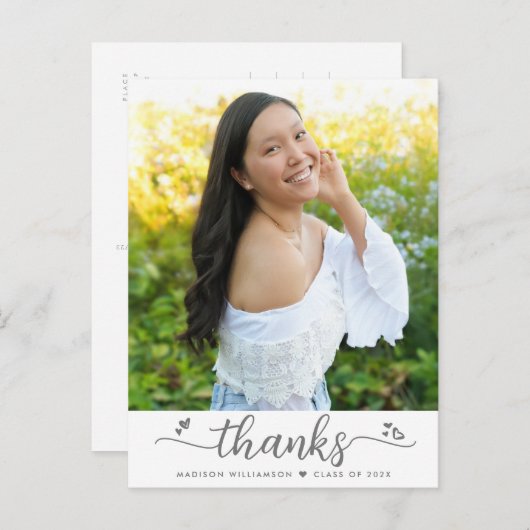 白卒業写真スクリプトハートありがとう ポストカード (正面/裏面)