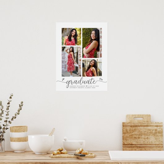 白卒業式4フォトグレーのスクリプトハート ガーリー ポスター (キッチン)