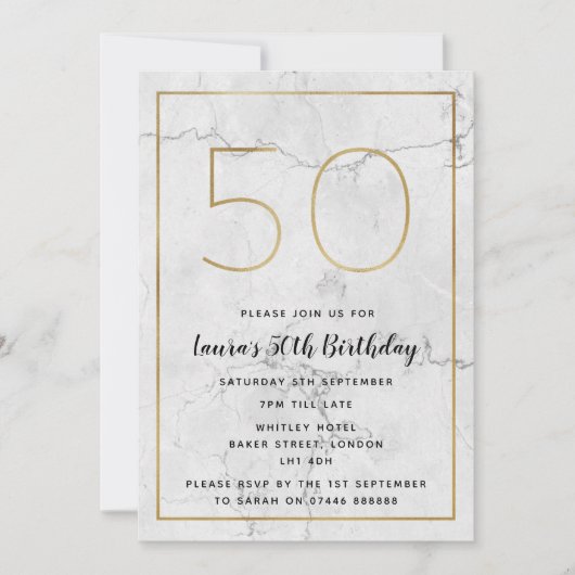 白及び金ゴールドによって大理石模様をつけられる第50誕生日の招待 招待状 (正面)