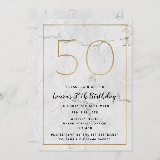 白及び金ゴールドによって大理石模様をつけられる第50誕生日の招待 招待状 (正面/裏面)