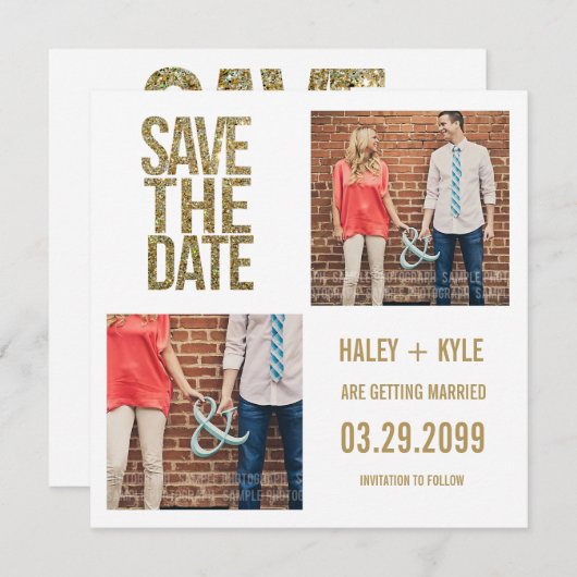 白及び金ゴールドのグリッターの保存日付の写真カード セーブザデート