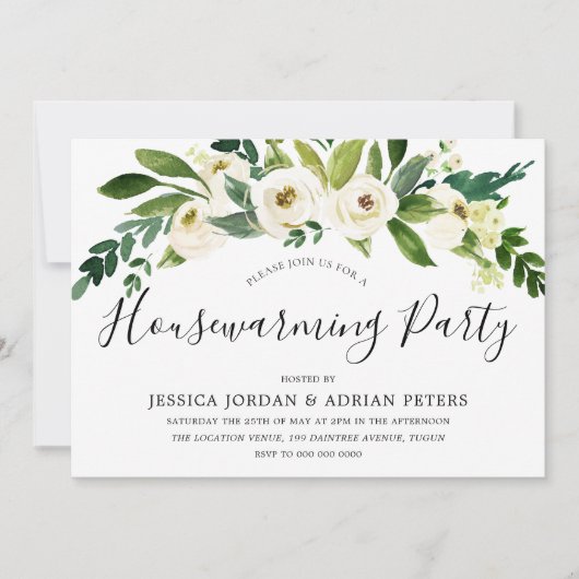 白咲き花引っ越し祝いパーティーパーティー 招待状 (正面)