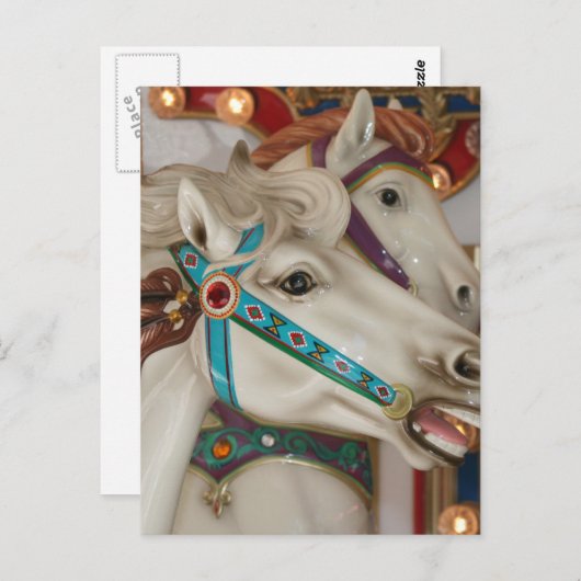 白回転木馬馬と青い手綱写真 ポストカード (正面/裏面)