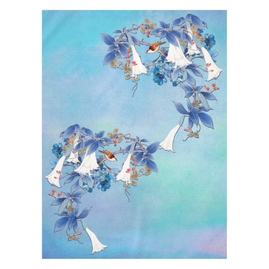 白図解入りの、写真付きの水色ムーンフラワー テーブルクロス (正面)