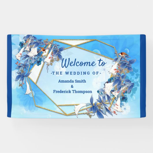 白図解入りの、写真付きの水色ムーンフラワー 横断幕 (横)