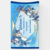 白図解入りの、写真付きの水色ムーンフラワー 横断幕 (縦)