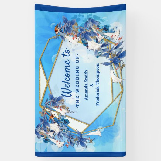 白図解入りの、写真付きの水色ムーンフラワー 横断幕 (縦)