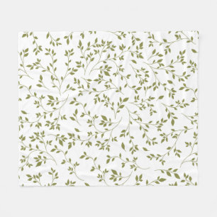 白地にオリーブグリーンの植物の葉のついたつるの模様 フリースブランケット